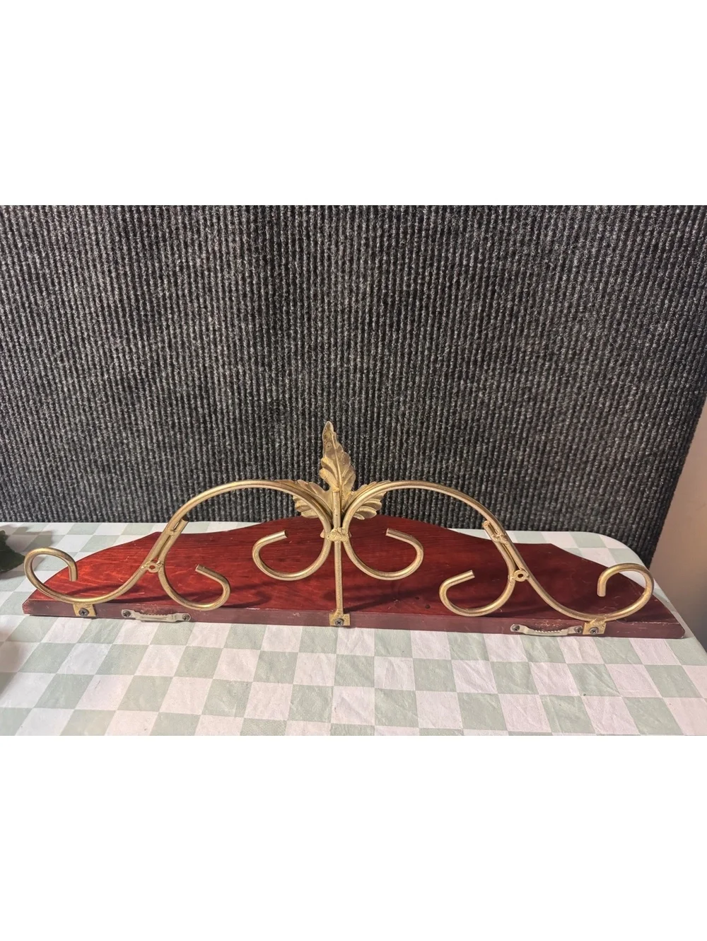 Vintage Wooden Wall Shelf with Decorative Metal Scrollwork